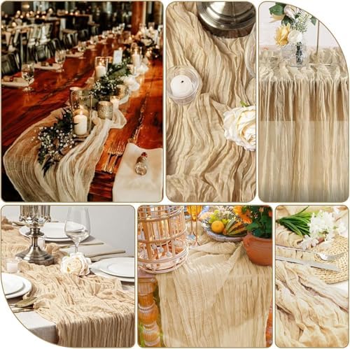24 Pack Beige Cheesecloth Table Runner 17"x108" Boho Gauze Fabric Table Runner Vintage Rustic Sheer Runners for Wedding Party Bridal Baby Shower Table Decorations - Image 3