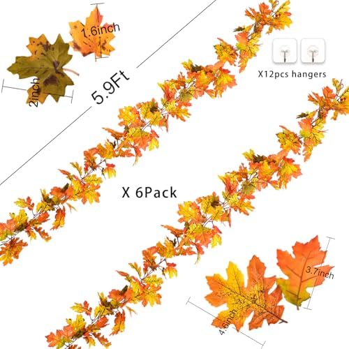 DearHouse 6 Pack Fall Garland Maple Leaf Clearance, 5.9Ft/Piece Hanging Vine Artificial Autumn Garland Thanksgiving Decor for Home Wedding Fireplace Party Christmas (Yellow) - Image 5