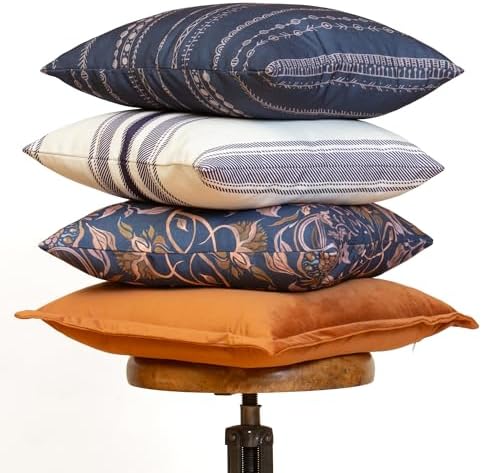 Floral Boho Decorative Throw Pillow Covers, Set of 4, 18x18 Inch Navy Blue Earth Tone Patterned Accent Pillow Covers - Image 5