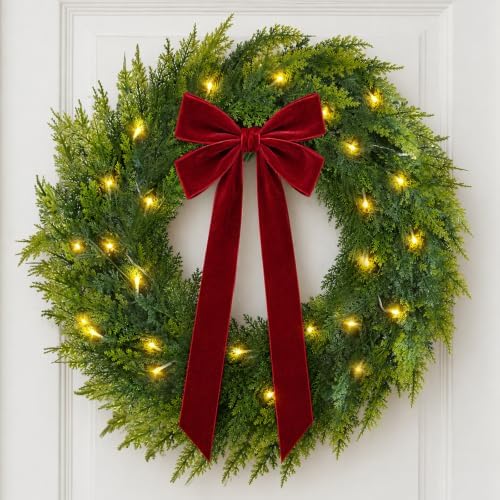 Christmas Decorations, 22 Inch Pre-Lit Christmas Wreath with Red Velvet Bow by Zesua