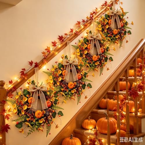 10 PCS Mini Fall Wreaths for Kitchen Cabinets Small Fall Hanging Wreath with Pumpkins Pinecones Berries Eucalyptus Thanksgiving Wreath for Front Door Window Cabinet Farmhouse Decor - Image 6