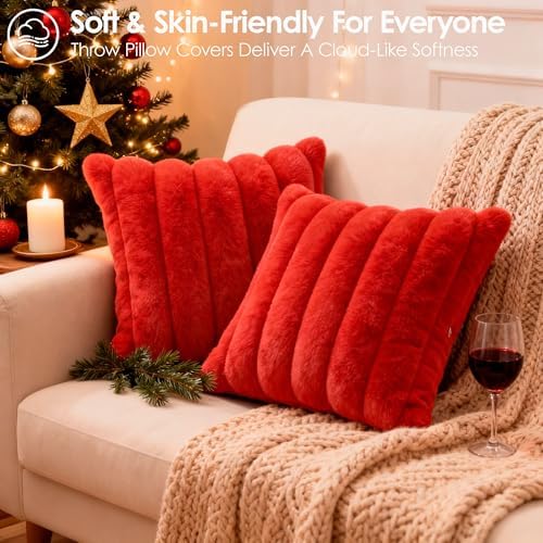 Faux Fur Decorative Throw Pillow Covers 20x20 Set of 2, Red - Image 5