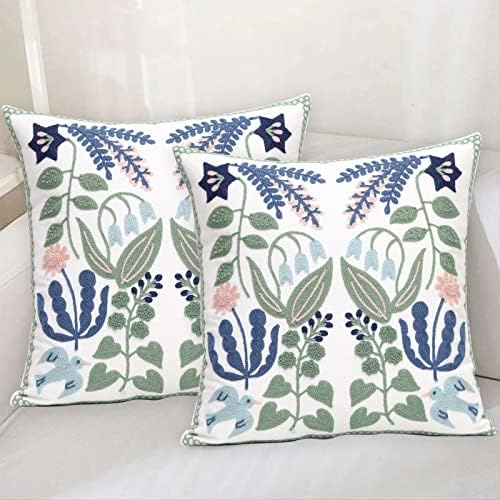 Pack of 2 Embroidered Decorative Throw Pillow Cover 18x18 Inch Farmhouse Floral Pillowcase for Living Room Sofa Bed (Bird Flower) - Image 2