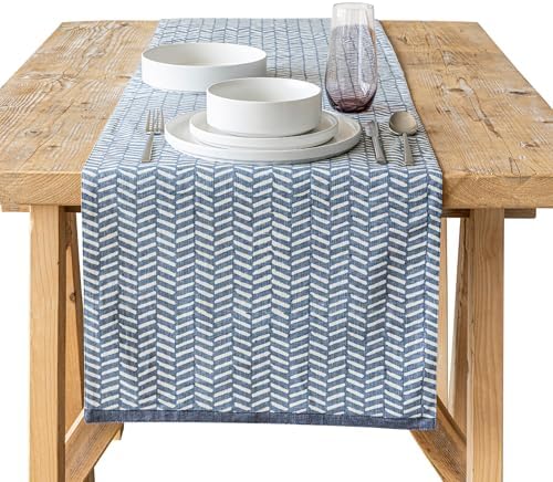 Over&Back 18x90 Hand-Blocked Printed Cotton Table Runner - Washable Table Runners for a Custom Home Decor Tablescape - Perfect for Coffee Table, Dinner Table, Living Room, and More - Blue Herringbone by overback