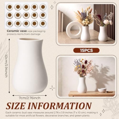 Tioncy 15 Pack White Ceramic Bud Vases Bulk Boho Small Flower Vase White Ceramic Vases for Centerpieces for Dry Flowers Pampas Grass Home Wedding Table Decor (3.9"*2.76", Minimalist) - Image 2
