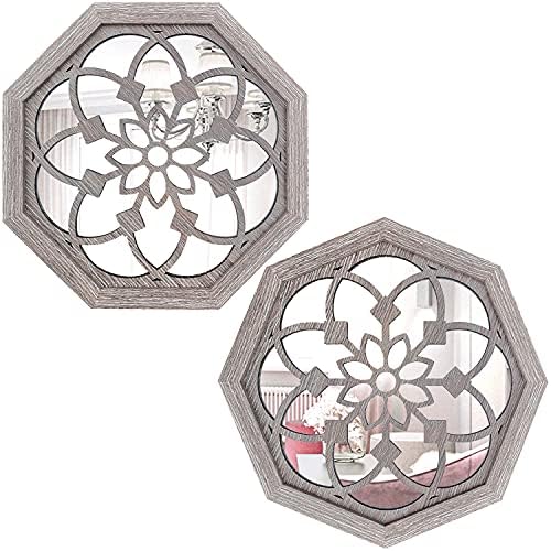 ZOLAPI 2 PCS Octagon Wall-Mounted Mirrors,Vintage Farmhouse Mirror for Wall Decor,Barn Wood Color Decorative Accent Mirror for Foyer, Bathroom, Bedroom. (12”x12”) by ZOLAPI