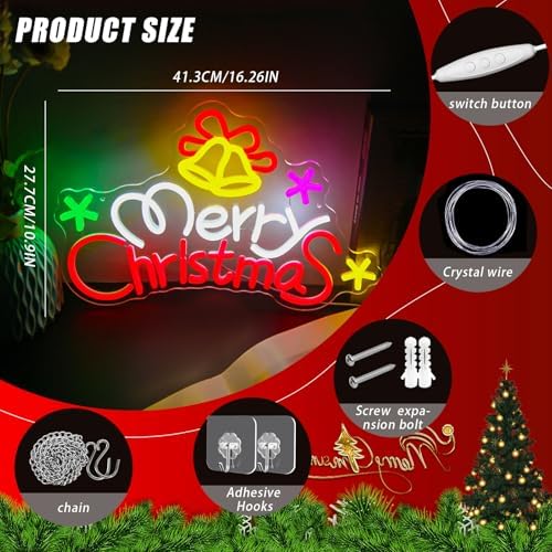 Merry Christmas Neon Sign Dimmable Christmas Bells Neon Light Sign Xmas LED Neon Light up Sign for Party, Home, Shop Door, Window, Bar, Holiday, Festival Wall Decor Gift USB Powered - Image 6