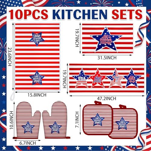 VitalCozy 10 Pcs Patriotic Kitchen Decor Set 4th of July Kitchen Towels and Rugs Pot Holders Oven Mitts Set for Independence Day Gift Cooking Baking Grilling Housewarming - Image 3