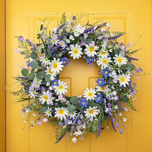 24 Inches Summer Wreaths for Front Door Blue Summer Door Wreath Spring Floral Wreath with Wildflower White Sunflower for Porch Indoors Outdoor Window Home Decorations - Image 5