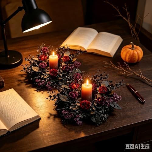 6 Pcs Gothic Black Rose Halloween Mini Candle Ring Wreaths Burgundy Red Dark Purple Rose with Black Foliage Twig Artificial Pillar Candle Holder Wreath for Spooky Dark Romantic Cabinet Table Porch - Image 6