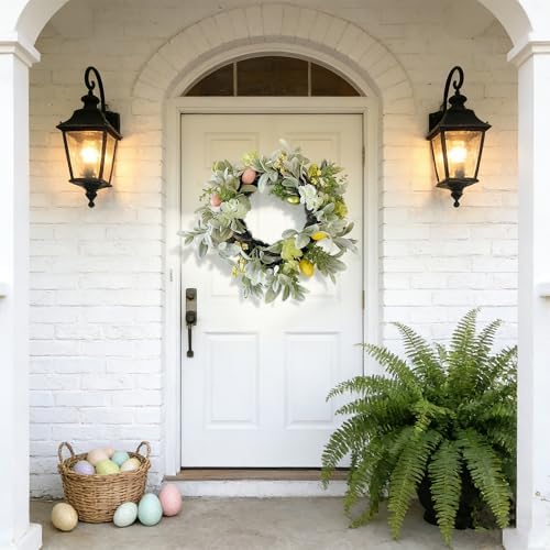 24'' Spring Summer Wreath Decoration for Front Door,Mantle, LED Lights with 8 Light Modes, Artificial Summer Floral Wreath with Easter Eggs Lambs Ear Leaves for Indoor Outdoor,Holiday Decor - Image 3
