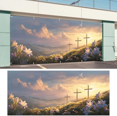 Easter Cross and Lilies Garage Door Banner 7x16FT, Religious Easter Decoration with Crosses and Lilies, Outdoor Spring Holiday Decoration for Yard and Garage - Image 6