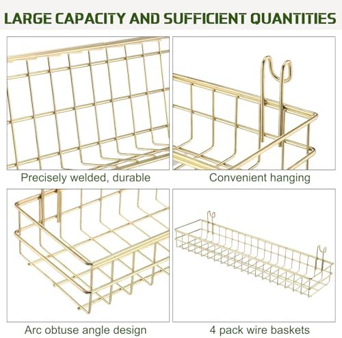 Blulu 4 Pcs Gold Metal Grid Wall Baskets with Hooks Grid Wall Shelves 15.75 x 3.94 x 1.97 Inches Hanging Wire Basket Multi Function Storage Organizer for Kitchen Organizing Display - Image 3