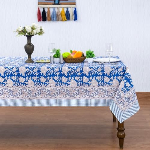Home Spun & Crafts 72x118 Inches Rectangle Hand Block Print Tablecloth, 100% Cotton, Blue Floral Table Cloths Washable, Traditional Indian for Dining Outdoor Thanksgiving Halloween Christmas - Image 2