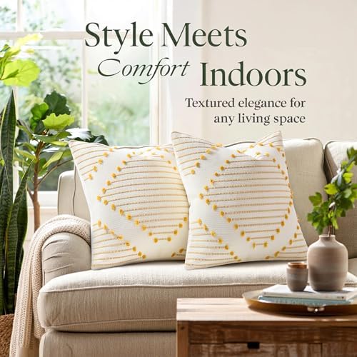 Mecatny Boho Outdoor Throw Pillow Covers 18x18 Set of 2 Yellow & White - Image 2