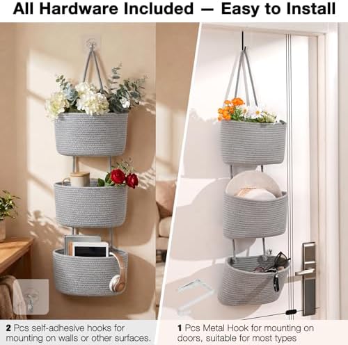 ICERZCZ Hanging Baskets for Organizing, Over the Door Decorative Storage Organizer, Nursery Decor Organization, 3-Tier Wall Basket for Entryway Playroom Bathroom Closet, Light Gray - Image 7