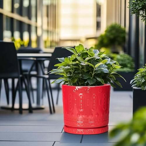 Eightpot 12 Inch Pots for Plants, Ceramic Pots for Plants Indoor Outdoor, Round Flower Pot with Drainage Holes and Saucers, Modern Decorative Planter, Home Porch Decor, Gardening Gifts, Red - Image 5
