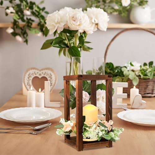 Hushee 30 Pcs Wooden Wedding Lantern Centerpiece Candles Wreaths Set,Brown - Image 3