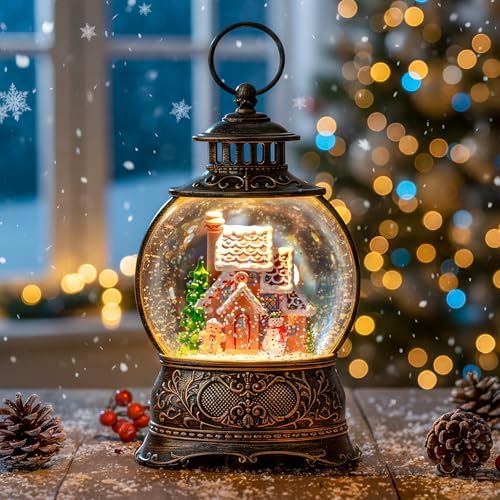 Christmas Snow Globe Lighted Gingerbread House Scene, Musical Snow Water Lantern Swirling Glittering Home Decoration and Gift, Battery Operated or USB Powered - Image 6