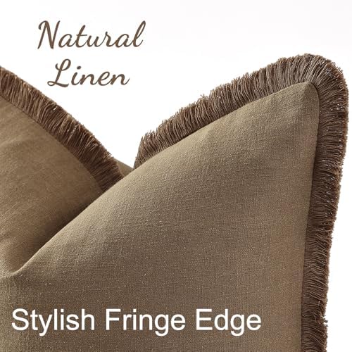 decorUhome Linen Fringe Light Brown Throw Pillow Covers 24x24 Set of 2 - Image 2