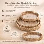 Round Woven Rattan Tray with Clear Acrylic Insert and Handles, Water Hyacinth Decorative Storage Tray for Coffee Table, Ottoman, Bathroom Counter, Kitchen (S+M+L 3 PCS) - Image 3