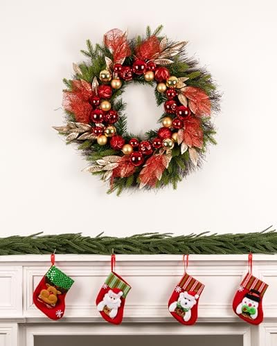 26” Christmas Wreath with Lights Hanger for Front Door Golden Red Balls Gilded Forest Foliage Artificial Evergreen Fir Winter Outdoor Décor Indoor Wall Decorations - Image 4