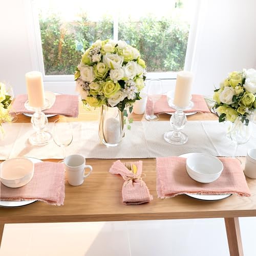 TURSTIN 24 Pieces Cotton Linen Cloth Napkin Handmade Cloth Napkin with Fringe 17 x 17 Inch Soft Cloth Dinner Wedding Napkin Square Rustic Fringe Table Napkin for Dinners, Parties, Weddings, Dusty Pink - Image 7