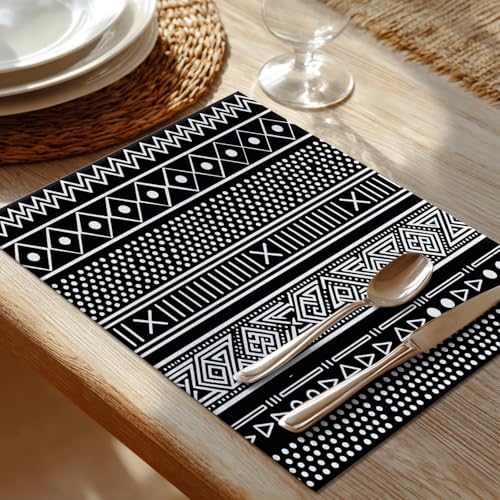 Shrahala Traditional African Geometric Placemats, Black and White Tribal Ethnic Table Mat Linen Burlap Washable Double-Deck Heat Insulation for Dining Table Kitchen Table Set of 6 (12 X 18 Inch) - Image 2