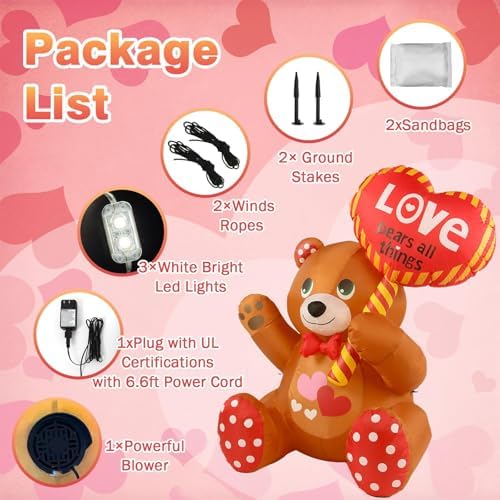 Valentines Day Inflatables Outdoor Decorations Love Blow Up Yard Décor Sweet Romantic Cute LED Lights for Indoor Outside Wedding Holiday Party Garden Lawn (Bear) - Image 6