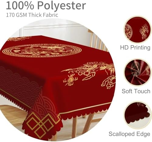 54x120inches Chinese Zodiac Dragon Lunar Tablecloth Happy Chinese New Year Asian Golden Dragon Cloud Print Table Cloth Washable and Reusable Fabric Table Cover for Kitchen Dining Home Decor - Image 3