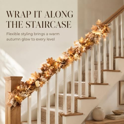 Fall Decor Garland with Lights, 6Ft, 30 Warm LED, White Pumpkins - Image 4
