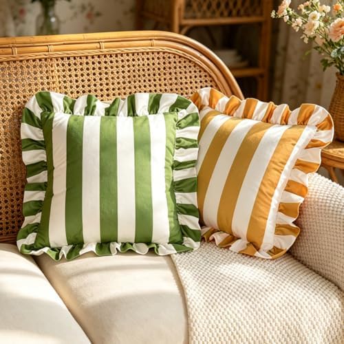 vctops Ruffle Square Throw Pillow Covers Boho Pink and Red Striped Decorative Pillowcases Set of 2, Soft Velvet Accent Cushion Cover Cases for Sofa Bed Living Room Decor (Ginger White,18"x18") - Image 4