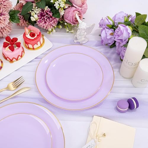 PULOTE 100PCS Purple Plastic Plates Disposable - Include 50 Dinner / 50 Dessert Plates Heavy Duty for Party, Wedding&Birthday - Image 3
