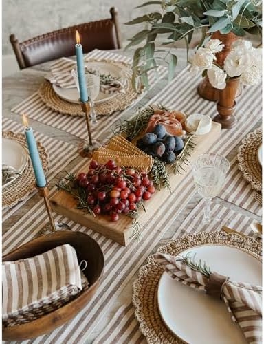 Solino Home 100% Linen Table Runner, 14 x 132 in, Brown and Cream Striped - Image 3