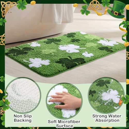 Capoda St. Patrick's Day Bathroom Rug 20 x 30 Inch Green White Shamrock Door Mat Non-Slip Washable Soft Irish Clover Welcome Floor Mat for Indoor Outdoor Home Kitchen Bathroom Decor(1 Pcs, Shamrock) - Image 3