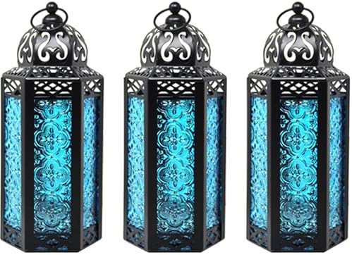 Vela Lanterns Decorative Indoor Moroccan Candle Holder, Blue, M, 3-Pack by VelaCandleLanterns