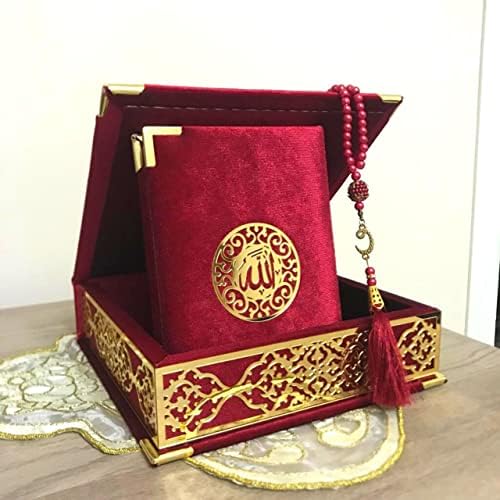 Velvet Covered Quran and Pearl Tasbih in Wooden Decorative Box | Islamic Gift Set | Muslim Eid Ramadan Gift (Claret Red) by VOGUEHOMEDECOR