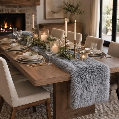 Faux Fur Table Runner Fluffy Plush Sherpa Table Runner for Christmas Winter Wedding Dining Table Holiday Decor Soft Snow Fur Runner (Grey, 11.8 x 70.8 Inch) - Image 2