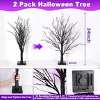 2 Pack 24 Inch Black Halloween Tree with 24 LED Orange Purple Lights, USB Battery Operated Halloween Table Decorations Tree Light with Timer, Scary Halloween Decorations Indoor for Home Party Decor - Image 2