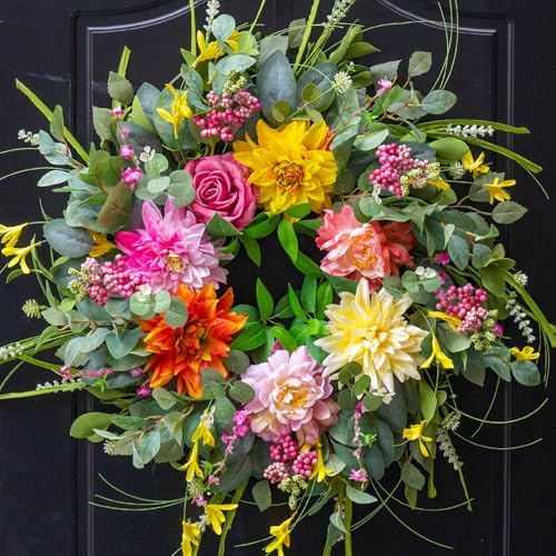 Spring Summer Wreaths for Front Door Outside 24 Inch, Soomeir Floral Door Wreath with Peony Dahlia Rose, for All Season Easter Indoor Outdoor Farmhouse Home Porch Wall Window Decor by SoomeirWreath