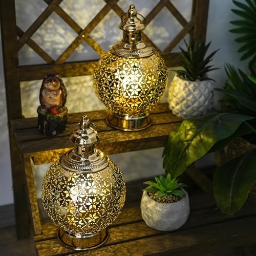 TRIROCKS Ramadan Lanterns Set of 2 10" Gold Electric Candle Holders with Timer, Metal Decorative Vintage Lanterns for Indoor/Outdoor Decor, Perfect EID Mubarak Gift - Image 3