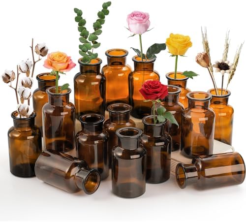 TOPZEA Set of 16 Amber Glass Bud Vases, 8.5 oz Small Brown Bud Vase Bulk Boho Glass Vase Decorative Medicine Bottle Vintage Apothecary Jar for Flower, Wedding Reception, Table Centerpieces, Home Decor by TOPZEA