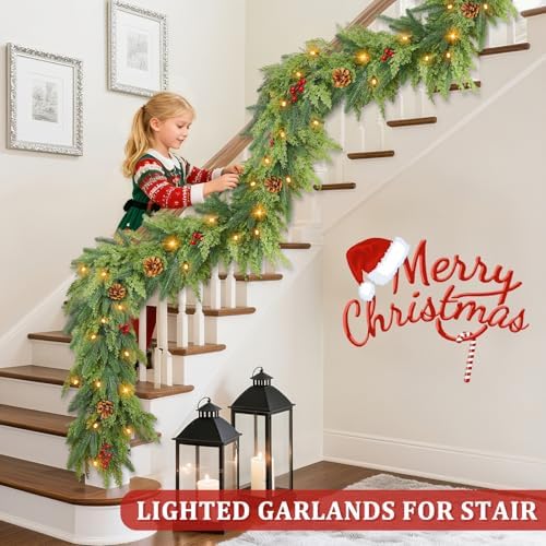 Prelit 50LED - 9 Ft by 12 Inch Christmas Garland with Lights Timer, Real Touch Norfolk Pine Cedar Garland 150 Cypress & 50 Norfolk PE Tips Berries Pine Cones for Indoor Fireplace Mantle Table Decor - Image 5