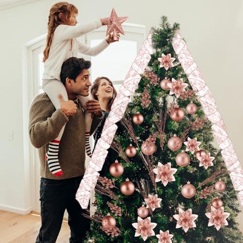 Realspring 72 Pieces Christmas Tree Ornament Set Xmas Assorted Decorations Bulk Glitter Poinsettia Berry Picks Topper Star Sequin Tree Skirts for Home Wreaths Holiday Party Favors (Rose Gold) - Image 4