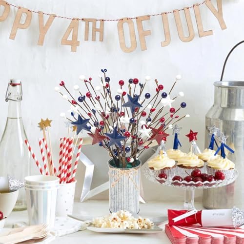 Uieke 4th of July Decorations 6PCS Artificial Patriotic Floral Picks with Vase, Artificial Berry Stem Picks Star Shaped for Independence Day Red White Blue Decor for Home Office Wedding Centerpieces - Image 3