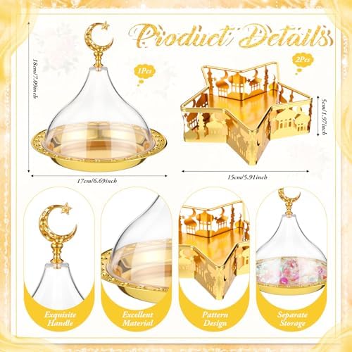 3 Pcs Ramadan Serving Trays Decoration, 1 Gold Round Tray with Acrylic Dome & 2 Star Shaped Trays, Eid Mubarak Metal Plate Dish for Dessert Display Holder Islam Muslim Home Party Table Decor - Image 2