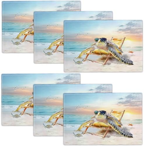 Sea Turtle Placemats Set of 6, 12x18 Inch Beach Coastal Table Place Mat Rustic Funny Turtle Washable Non-Slip Heat Resistant Fabric Placement Mats for Dining Kitchen Indoor Outdoor Decor by UIAMT