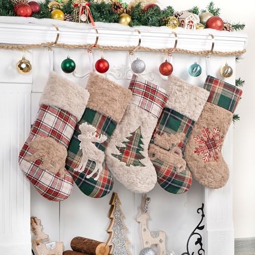 LUBOT New 5 Pack Christmas Stocking 20" Red Green Plush Plaid Mix and Match Classic Rustic Farmhouse Country Cotton Fireplace Hanging Xmas Stockings Decorations for Family Holiday Season Decor by LUBOT
