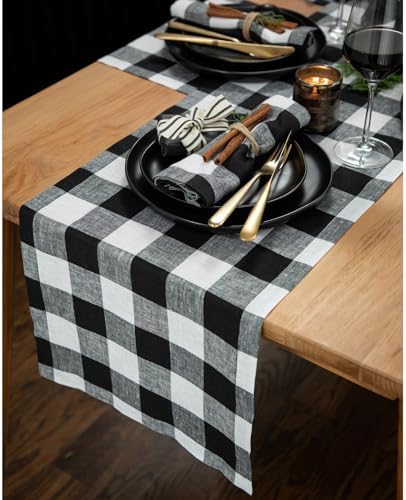 Solino Home 100% Pure Linen Table Runner, 14 x 90 in, Black and White Check - Image 2