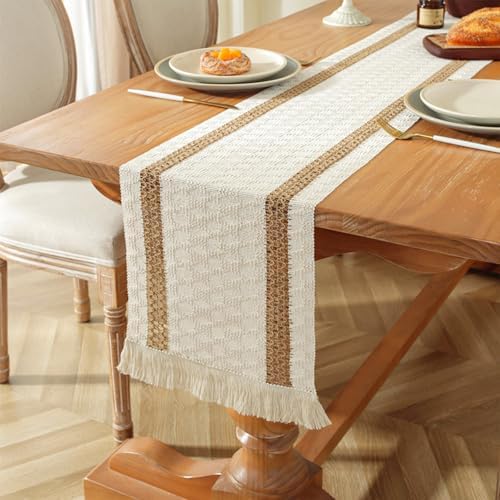 Niviy Boho Table Runners 120 Inches Long Farmhouse Macrame Table Runner Cotton Linen Woven Table Runners for Fall Dining Table Home Decor, Beige & Brown - Image 2